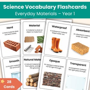 Tarjetas didácticas de ciencias para primer año: Materiales cotidianos / Materiales, propiedades, objetos / Tarjetas didácticas de ciencias imprimibles