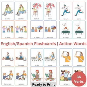 English - Spanish Verb Flashcards – 36 Action Words + Bonus &quot;I&quot; Charts | Printable ESL Resource for Learning Spanish at Home or School