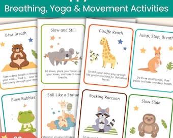 Mindfulness and Movement Cards for Kids | 60 Calm Animal-Themed Breathing & Yoga Activities | Animal Flashcards