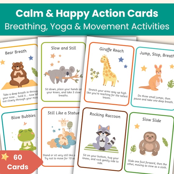 Mindfulness and Movement Cards for Kids | 60 Calm Animal-Themed Breathing & Yoga Activities | Animal Flashcards