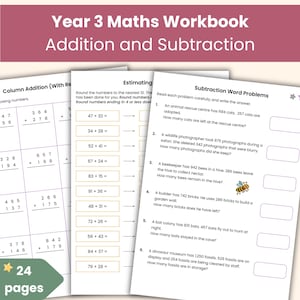 Può includere: Un quaderno di esercizi di matematica per il terzo anno intitolato Addition and Subtraction con 24 pagine di contenuti didattici. Le pagine mostrano esercizi di addizione in colonna, compiti di stima e problemi di sottrazione.