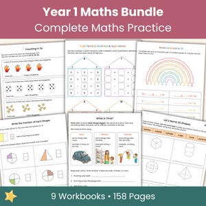Könnte beinhalten: Ein Mathematik-Lernpaket für die erste Klasse mit 9 Arbeitsheften und 158 Seiten. Die Seiten enthalten Übungen zum Zählen in 5er-Schritten, Additions- und Subtraktionsfamilien, Zehnerübergänge, Brüche, Zeitmessung sowie die Benennung von 3D-Formen.