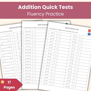Pruebas rápidas de suma / Práctica de fluidez en matemáticas mentales / Recurso imprimible