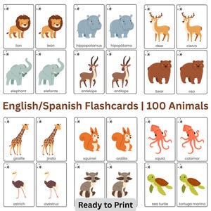 English & Spanish Animal Flashcards | 100 Bilingual Cards | Learn Animal Names | Printable Educational Game for Kids