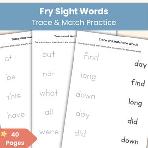Traceer en match de woorden | Fry Sight Words 1–100 | Woordoefeningen voor jonge kinderen | 40 afdrukbare werkbladen