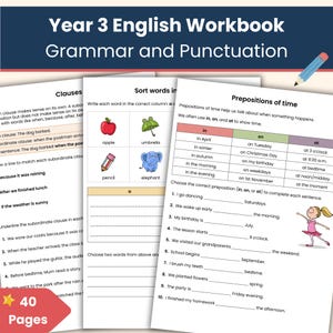 Peut inclure: Un cahier d'exercices d'anglais de 3e année, axé sur la grammaire et la ponctuation. Les pages présentent des exercices sur les propositions, le tri de mots et les prépositions de temps. Comprend des illustrations colorées et le texte "40 Pages".
