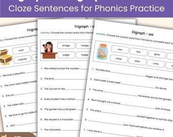 Trigraphs and Digraphs Cloze Sentences Workbook | Phase 5 Phonics, Reading, Spelling | Printable Phonics Worksheets