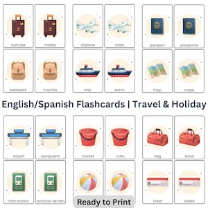 Flashcards Engels-Spaans – Woordenschat reizen en vakanties | Tweetalige afdrukbare kaarten voor kinderen | 84 kaarten