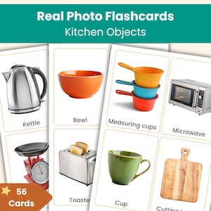 56 Küche Objekte Karteikarten | Montessori Echtfotokarten | Druckbare Lernkarten für zu Hause und die Klasse | Vorschule, Kindergarten, Englisch
