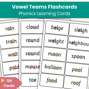 母音二重音字と二重母音フラッシュカード | 早期の読み書きと綴りの練習のためのフォニックスカード | 印刷可能な ai ee oo au oi ow ay oy ue