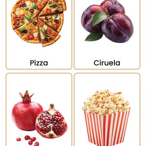 May include: Four food flashcards: a pizza with sliced pieces, a cluster of plums, a pomegranate with seeds, and a container of popcorn. Each card has the food's name in a bold font below the image.