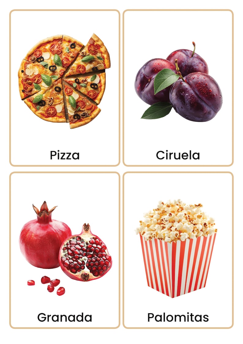 May include: Four food flashcards: a pizza with sliced pieces, a cluster of plums, a pomegranate with seeds, and a container of popcorn. Each card has the food's name in a bold font below the image.