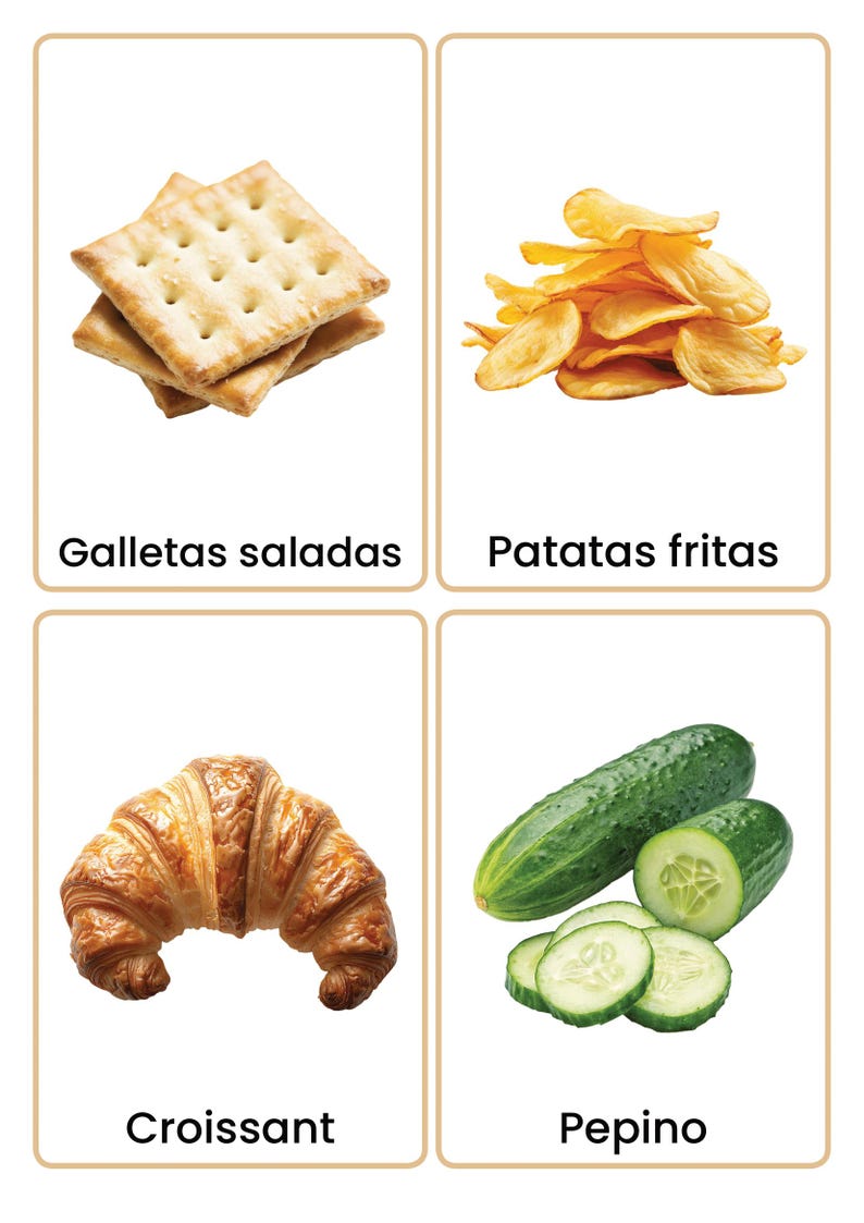 May include: Four food flashcards. Top left: Stack of square crackers. Top right: Pile of golden potato chips. Bottom left: Flaky croissant. Bottom right: Cucumber with slices. Text: "Galletas saladas", "Patatas fritas", "Croissant", "Pepino".