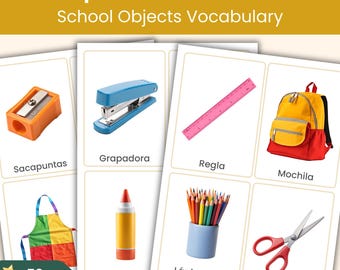 Spanish School Objects Flashcards | 52 Real Photo Vocabulary Cards for Kids | Classroom and Home Learning