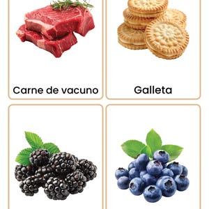 May include: Four flashcards with food images. Top left: raw beef steaks with rosemary. Top right: stacked sandwich cookies. Bottom left: blackberries with leaves. Bottom right: blueberries with leaves.