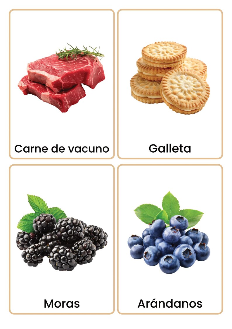 May include: Four flashcards with food images. Top left: raw beef steaks with rosemary. Top right: stacked sandwich cookies. Bottom left: blackberries with leaves. Bottom right: blueberries with leaves.