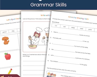 May include: A Year 1 English Workbook with Grammar Skills. The workbook features pages with exercises like "Let's Spot the Noun" and "Fill in the Missing Verb." Illustrations include a dog, an apple, and chefs. The workbook has 26 pages.