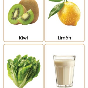 May include: Four flashcards with images of food items. The top left card shows a kiwi fruit, with a sliced section. The top right card shows a lemon with leaves. The bottom left card shows lettuce. The bottom right card shows a glass of milk. The cards have text labels.