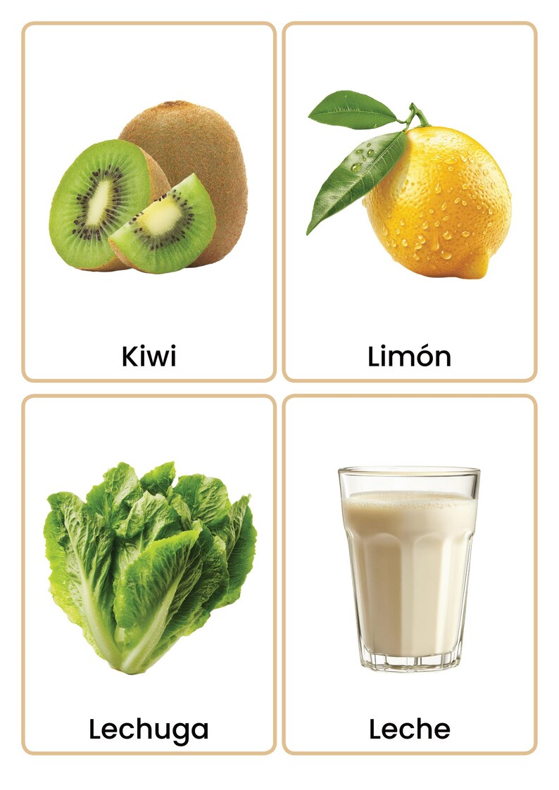 May include: Four flashcards with images of food items. The top left card shows a kiwi fruit, with a sliced section. The top right card shows a lemon with leaves. The bottom left card shows lettuce. The bottom right card shows a glass of milk. The cards have text labels.