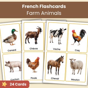 Op de afbeelding: Een set educatieve flashcards getiteld French Flashcards Farm Animals, bestaande uit 24 kaarten met afbeeldingen van een eend, geit, koe, haan, varken, kip, paard en schaap. Elke kaart toont de afbeelding van het dier en de Franse naam.