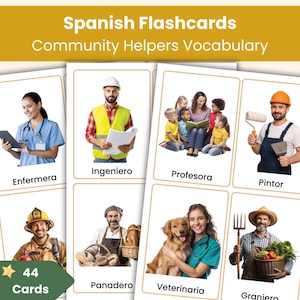 Puede incluir: Un conjunto de 44 tarjetas didácticas en español tituladas Community Helpers Vocabulary, que muestran imágenes de varios profesionales como enfermero, ingeniero, profesor, pintor, bombero, panadero, veterinario y granjero con sus etiquetas en español.