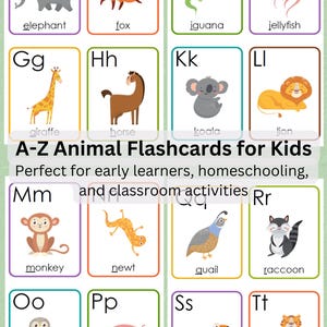 Tarjetas didácticas de animales de la A a la Z: aprendizaje del alfabeto imprimible para niños