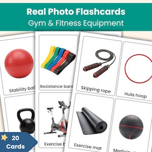 Tarjetas didácticas de equipos de gimnasio y fitness / Tarjetas de vocabulario con fotos reales / Tarjetas de aprendizaje imprimibles para el hogar y el aula / Lecciones de inglés como segundo idioma