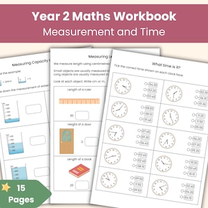 Cuaderno de ejercicios de matemáticas de 2.º año / Hojas de trabajo de medición y tiempo / Recurso imprimible