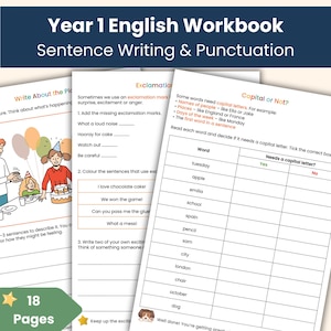 Puede incluir: Un cuaderno de trabajo de inglés de primer año, centrado en la escritura de oraciones y la puntuación. Las páginas presentan ejercicios sobre signos de exclamación, estructura de oraciones y capitalización. Incluye 18 páginas de contenido educativo.