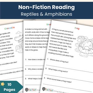 May include: Educational reading material for children about reptiles and amphibians. The pages feature illustrations of a crocodile, snake, and frog, with facts and questions. The cover reads "Non-Fiction Reading" and "Reptiles & Amphibians."