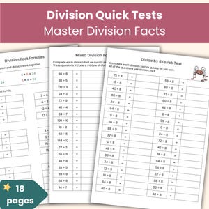 Könnte beinhalten: Mathematische Arbeitsblätter mit dem Titel Division Quick Tests und Master Division Facts. Die Seiten enthalten Spalten mit Divisionsaufgaben, darunter Division Fact Families, Mixed Division Facts und Divide by 8 Quick Test, insgesamt 18 Seiten.