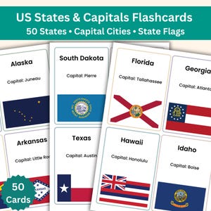 Tarjetas didácticas de los estados y capitales de EE. UU. / 50 estados con banderas / Tarjetas didácticas de geografía para niños