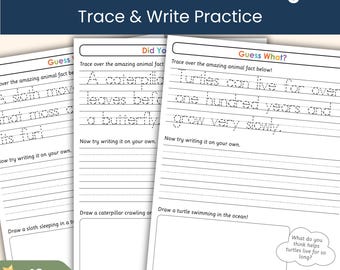 May include: Educational workbook titled "Animal Facts Handwriting" with trace and write practice. Features pages with animal facts, handwriting practice lines, and drawing prompts. Includes 49 pages of learning activities.