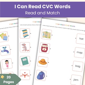 Ik kan CVC-woorden lezen | Werkboek lezen en matchen | Phonics-leesoefeningen