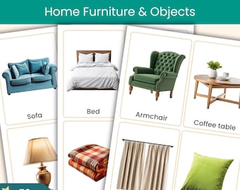 52 Tarjetas didácticas con fotos reales de muebles y objetos del hogar / Tarjetas con imágenes imprimibles / Tarjetas de vocabulario para el aprendizaje en el aula y en casa / Inglés como segunda lengua