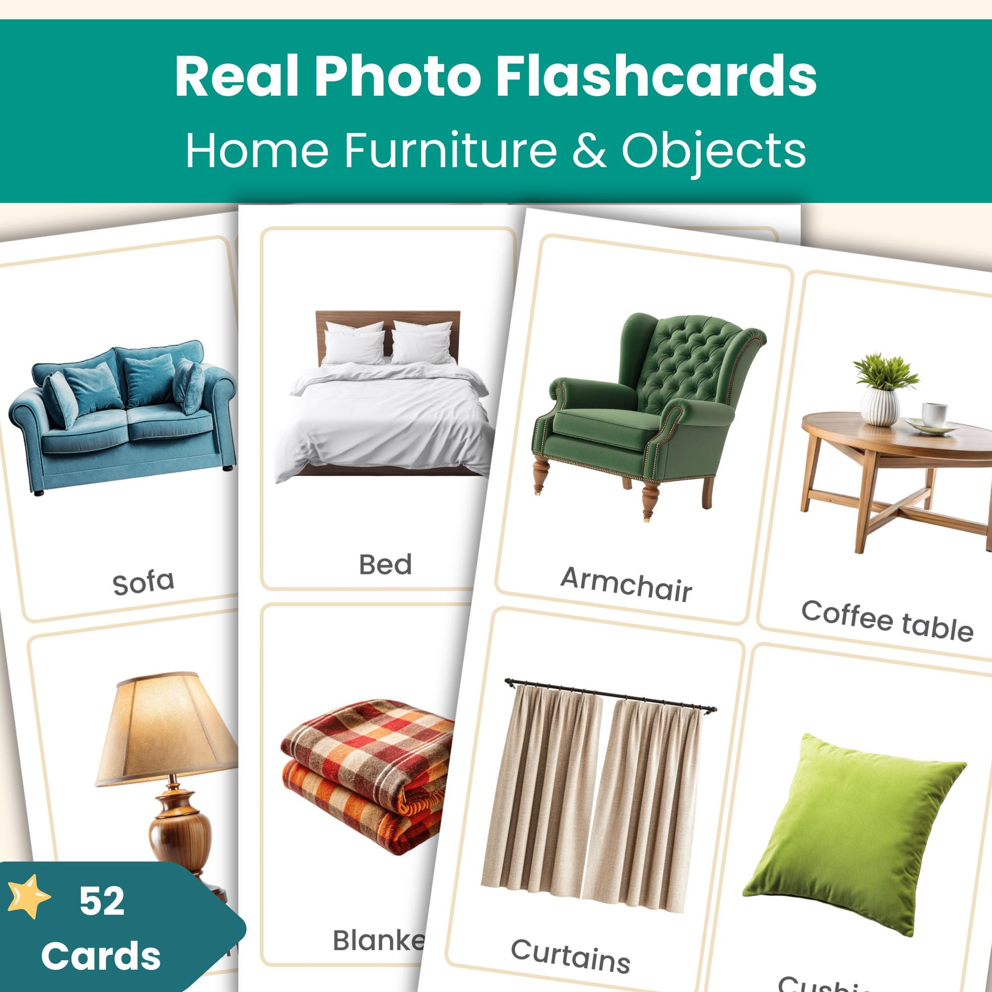 52 Home Furniture & Objects Real Photo Flashcards | Printable Picture