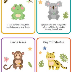 May include: Four colorful cards with animal illustrations and instructions for kids' yoga poses. The cards feature a frog, a koala, a monkey, and a tiger. The text on the cards includes "Frog Squats", "Side-to-Side Sway", "Circle Arms", and "Big Cat Stretch".