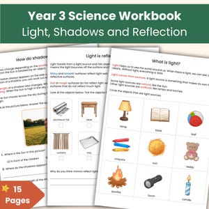 Pode incluir: Página de um caderno de exercícios de ciências do 3º ano, intitulada «Luz, Sombras e Reflexão». A página apresenta ilustrações de fontes de luz, como uma lâmpada, o sol e uma vela, com texto explicativo.