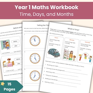 Year 1 Maths Time Workbook | O’Clock, Half Past, Days, Months | Printable Maths Worksheets