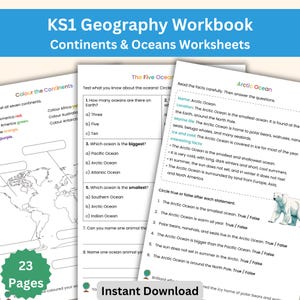 KS1 Geography Workbook | Continents and Oceans Worksheets | Geography Activities for Kids (Printable Flashcards Included)