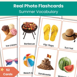 52 tarjetas didácticas de verano / Tarjetas con fotos reales / Práctica de vocabulario de verano para educación infantil, primaria (KS1), preescolar y aprendizaje de inglés como segunda lengua (ESL).