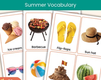 52 Flashcard estive / Carte con foto reali / Esercizi di vocabolario estivo per la scuola dell'infanzia, la scuola primaria (KS1) e l'apprendimento dell'inglese come seconda lingua (ESL).