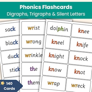 Phonics Flashcards | 140 Digraph & Trigraph Words | Silent Letter Phonics Cards | Printable Literacy Resource