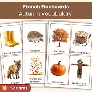 Könnte beinhalten: Ein Set aus 52 Lernkarten mit dem Titel French Flashcards Autumn Vocabulary. Jede Karte hat einen weißen Hintergrund mit braunem Rand und zeigt ein Bild sowie den französischen Namen, darunter gelbe Gummistiefel, ein Igel, ein Baum, heiße Schokolade, ein Fuchs, fallende Blätter, ein Kürbis und eine Vogelscheuche.