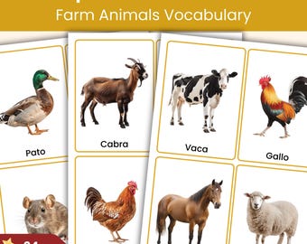 Spanish Farm Animals Flashcards | 24 Printable Vocabulary Cards for Kids | Spanish Lesson Resource