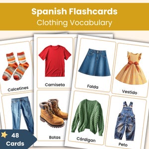 Karteikarte Spanische Kleidung | 48 Echtfoto Vokabelkarten für Kinder | Klassenzimmer und Lernen zu Hause
