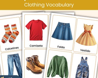 Schede didattiche sull'abbigliamento spagnolo / 48 schede con vocabolario fotografico reale per bambini / Apprendimento in classe e a casa