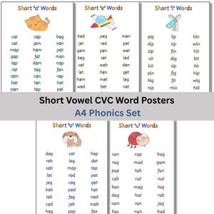 Pósteres de palabras con vocales cortas CVC: set de fonética imprimible A4