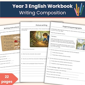 May include: A Year 3 English Workbook for writing composition. The workbook includes pages with writing instructions, picture writing prompts, and organising paragraphs exercises. The cover features colorful pencils.