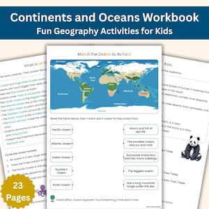 Continents and Oceans Workbook: Geography Activities for Kids (Printable Flashcards Included)